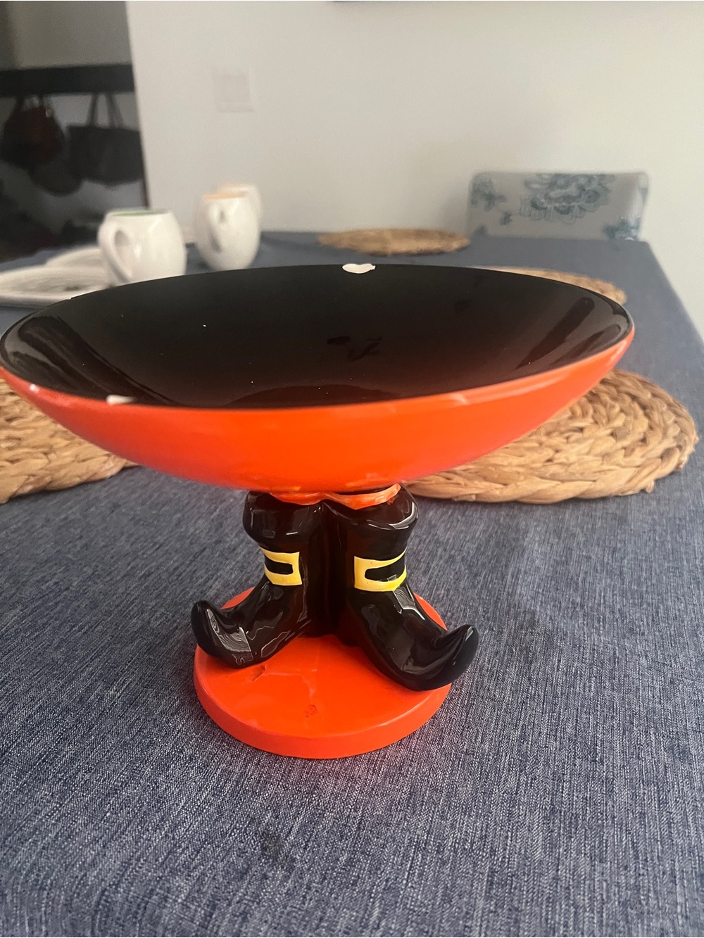Halloween Witch Boot Pedestal Bowl - Black & Orange